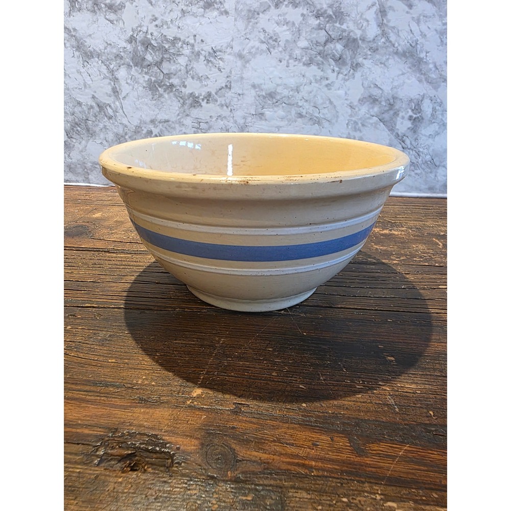 Vintage Yellowware Mixing Bowl Blue Banded Stoneware Antique Farmhouse 9 Inch